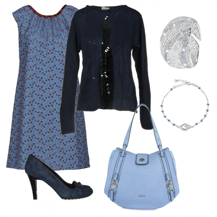 Outfit donna - Romantico azzurro pastello. Stile Trendy per Serata fuori. Abbinamento con maglioncino 70% lana, vestito fantasia floreale, anello glitter in ottone rodiato, décolleté effetto scamosciato, shopping bag con zip in pelle sintetica con scomparti, bracciale in argento 925 argento.