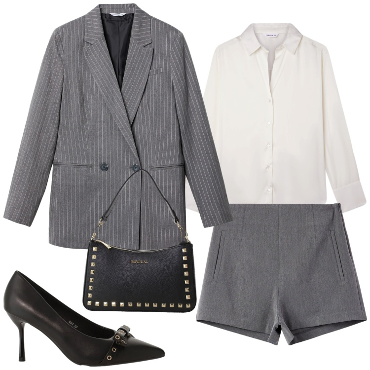 Outfit donna - Power Chic Metropolitano. Stile Casual per Ufficio. Abbinamento con shorts, camicie, blazer, occhiali da sole, décolleté, pochette.