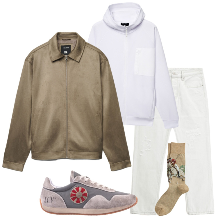 Outfit uomo - Verso la nuova stagione. Stile Casual per Tutti i giorni. Abbinamento con jeans dritti, felpe con cappuccio, giacche, calzini, sneakers.
