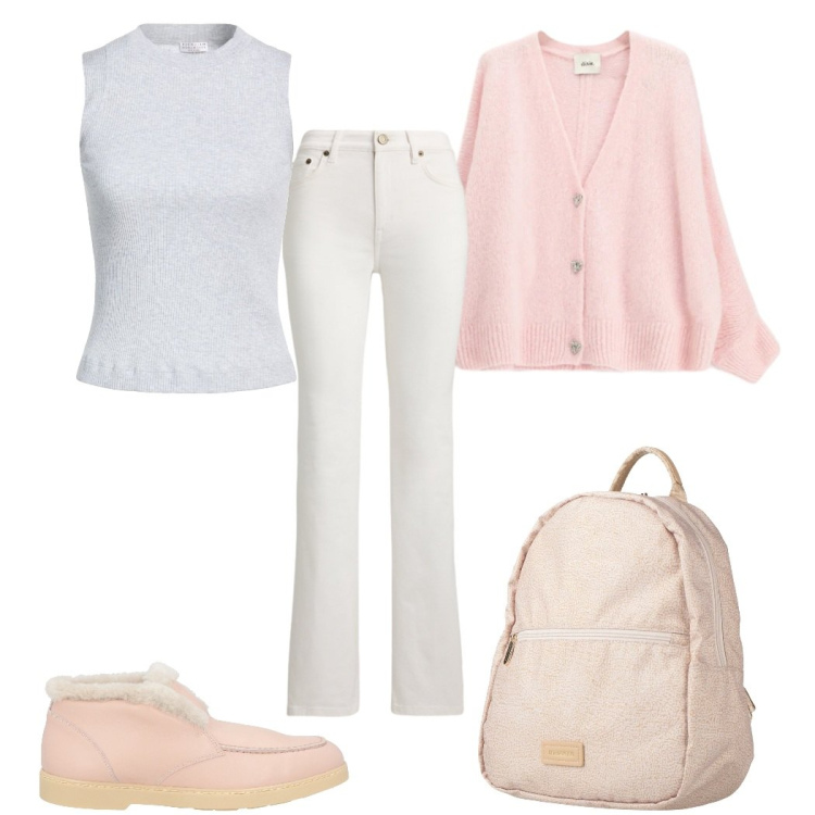 Outfit donna - Febbraio in tonalità soft - polvere. Stile 70s per Tutti i giorni. Abbinamento con stivaletti, zaini, top, cardigans, jeans dritti.