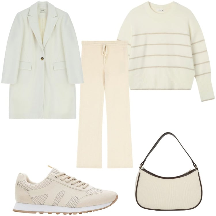 Outfit donna - Febbraio in tonalità soft - panna. Stile Basic per Tutti i giorni. Abbinamento con sneakers, maglieria, borse a tracolla, pantaloni a palazzo, cappotti.