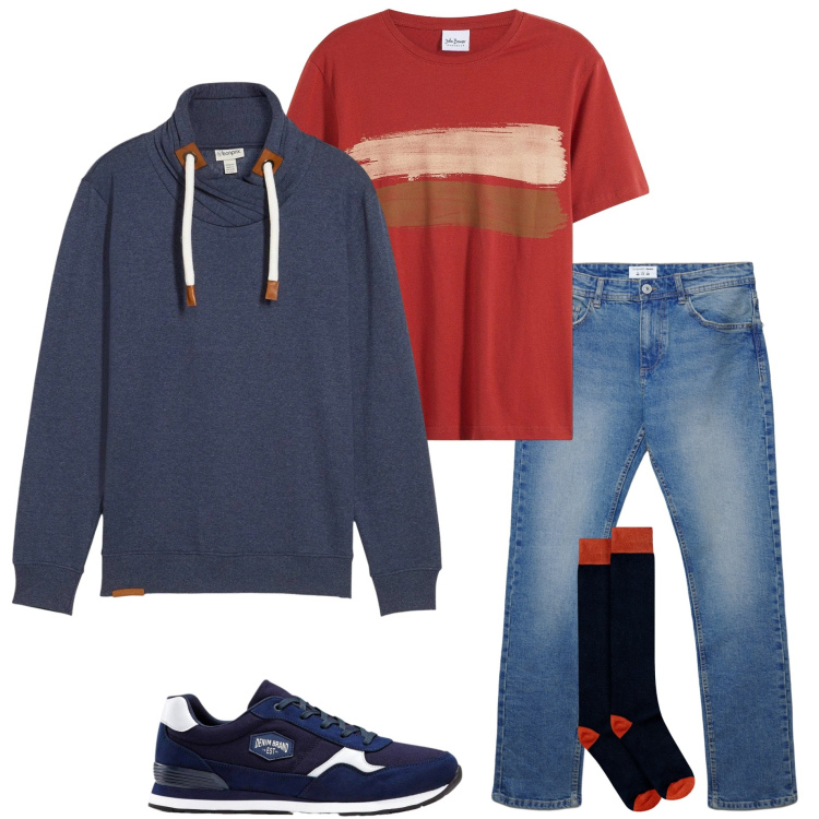 Outfit uomo - Il ritorno del colore. Stile Casual per Tutti i giorni. Abbinamento con sneakers, t-shirt, felpe, jeans dritti, calzini.