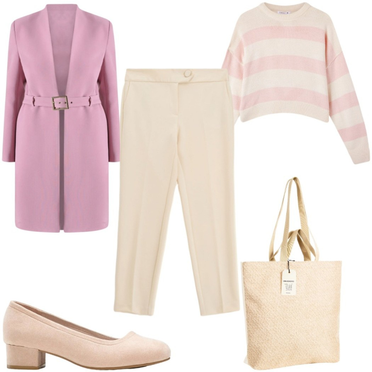 Outfit donna - Febbraio in tonalità soft - rosa e nude. Stile Casual chic per Tutti i giorni. Abbinamento con décolleté, maglieria, pantaloni, borse tote, trench.