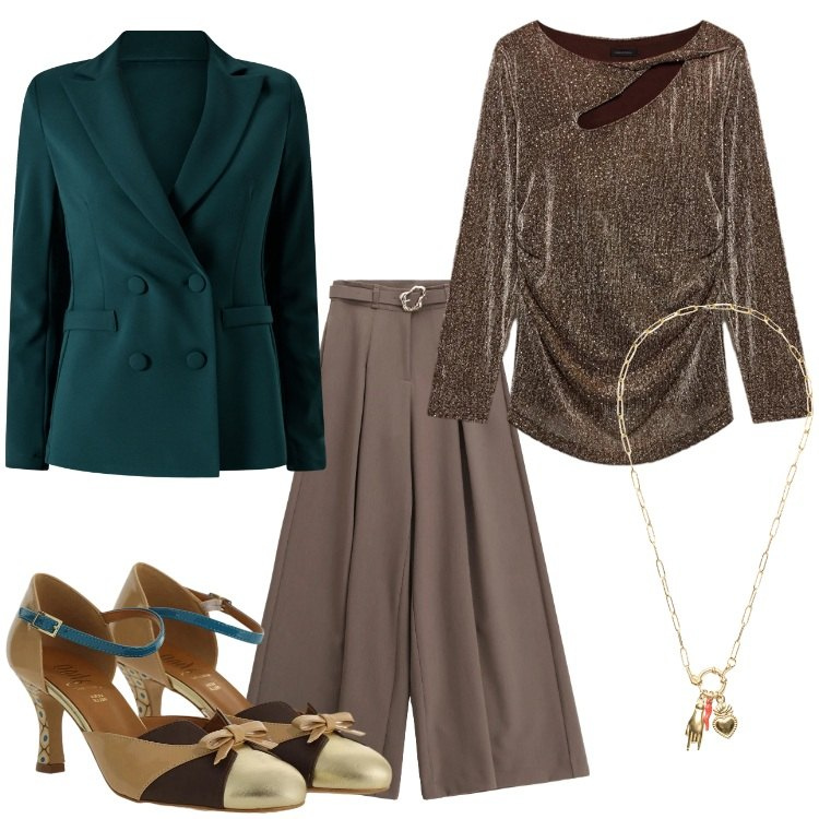 Outfit donna - Un tocco di luce d’inverno Curvy. Stile Romantica per Serata fuori. Abbinamento con pantaloni, bluse, décolleté, ciondoli, blazer.