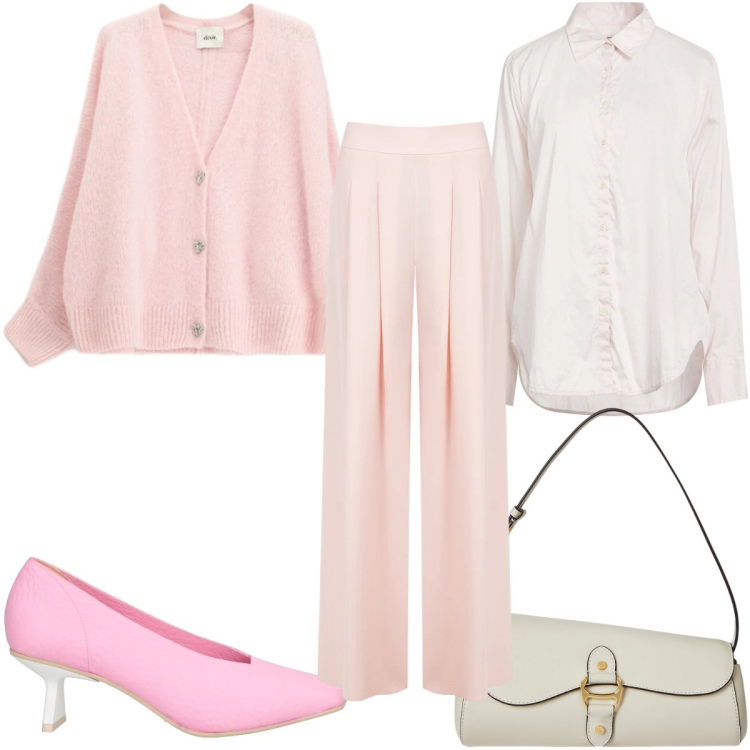 Outfit donna - Tonalità cipria e polverose : romantica. Stile Romantica per Tutti i giorni. Abbinamento con décolleté, camicie, cardigans, pantaloni a palazzo, borse a spalla.