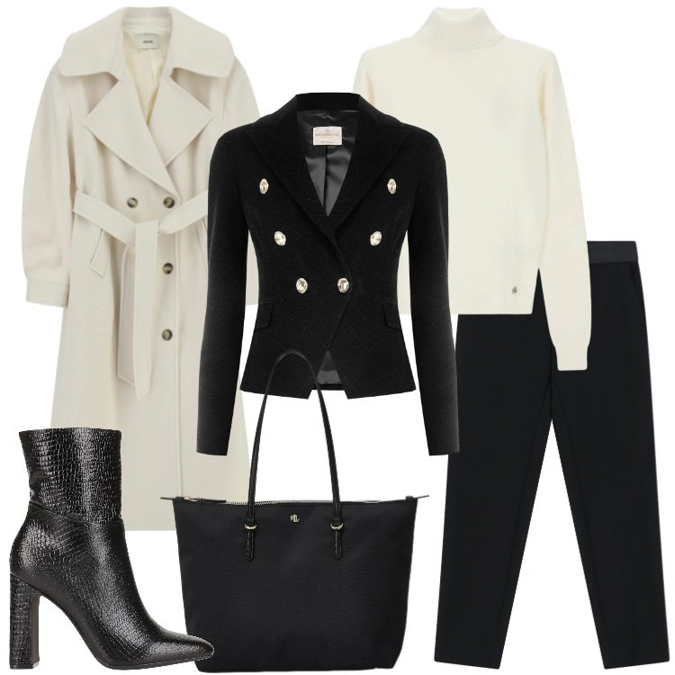 Outfit donna - Eleganza quotidiana. Stile Minimal per Ufficio. Abbinamento con stivaletti, pantaloni, maglieria, cappotti, blazer, borse tote.