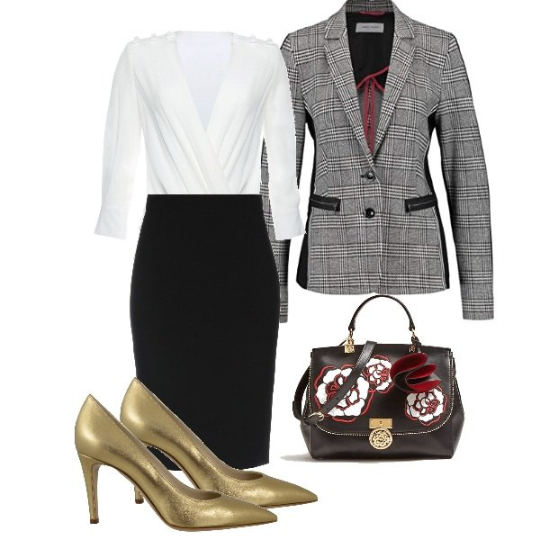 Outfit donna - Monday in the office. Stile Bon Ton per Ufficio. Abbinamento con blusa scollatura profonda crêpe, gonna al ginocchio con zip interno foderato crêpe, borsa a mano fantasia floreale interno foderato con tracolla regolabile, blazer multicolore, décolleté oro.