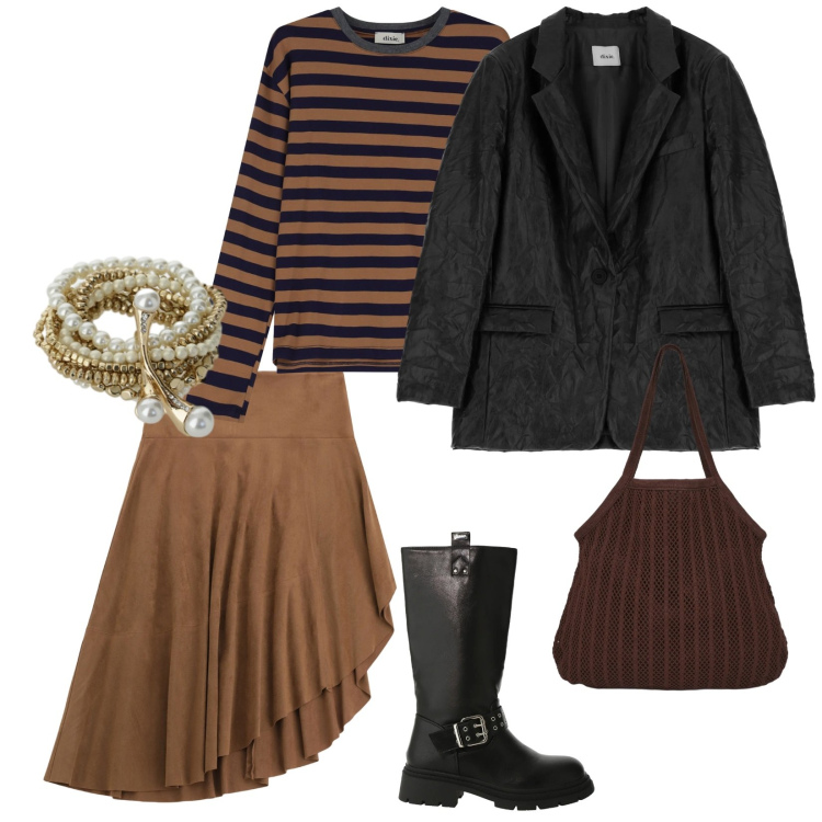 Outfit donna - Lunedì. per Tutti i giorni. Abbinamento con shopping bag, stivali, gonne longuette, t-shirt, braccialetti, blazer.