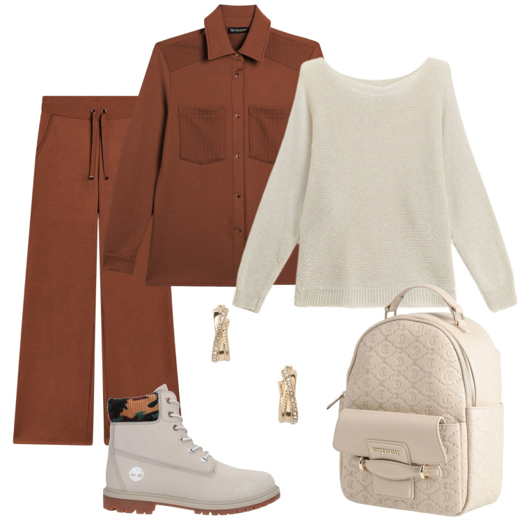 Outfit donna - Total look #2343901. Stile Casual chic per Ufficio. Abbinamento con stivaletti, zaini, pantaloni, camicie, maglieria, orecchini.