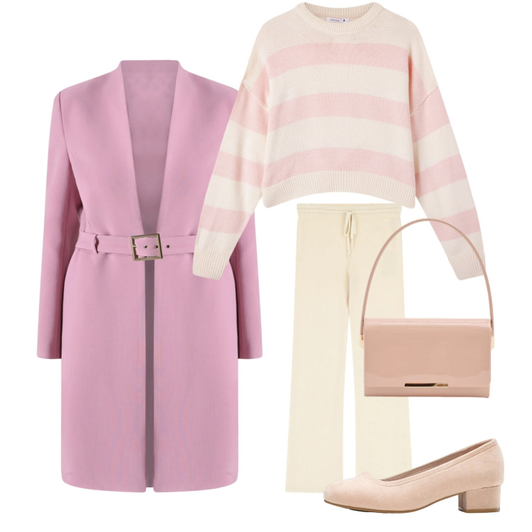 Outfit donna - Sogno di Primavera. Stile Glamour per Tutti i giorni. Abbinamento con décolleté, maglieria, pantaloni a palazzo, pochette, trench.