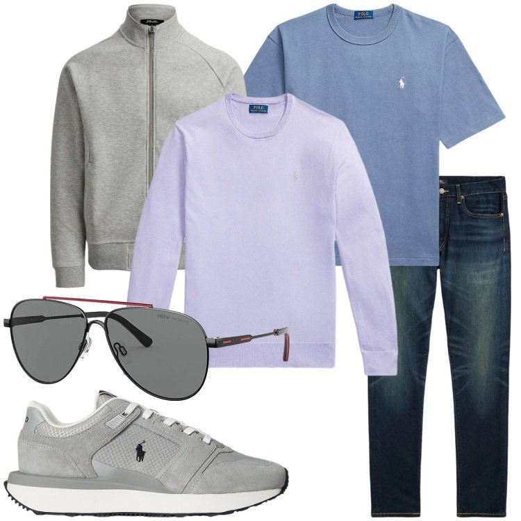 Outfit uomo - Il ritorno del colore. Stile Casual per Ufficio. Abbinamento con jeans, t-shirt, sneakers, maglieria, giacche sportive, occhiali da sole.