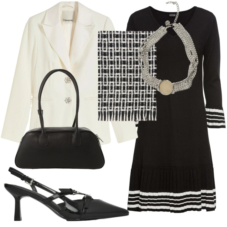 Outfit donna - Bianco e nero. Stile Chic per Ufficio. Abbinamento con vestiti, blazer, décolleté, sciarpe, collane, borse a mano.