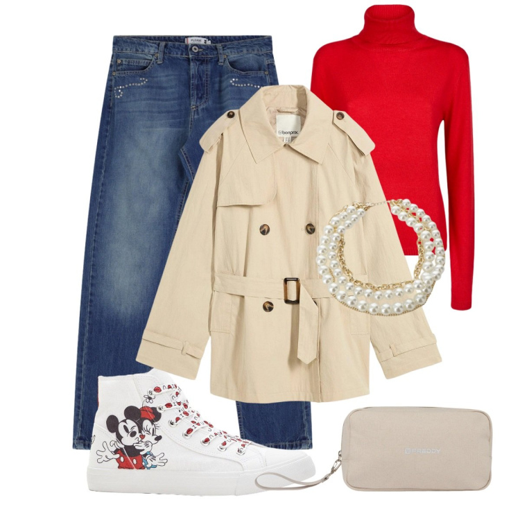 Outfit donna - La primavera è alle porte. Stile Casual per Tutti i giorni. Abbinamento con sneakers alte, trench, collane, valigie, jeans dritti, maglieria.