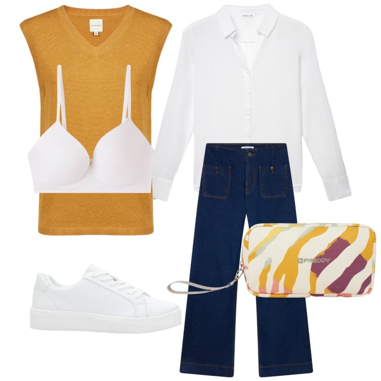 Outfit donna - Buongiorno. Stile Basic per Tutti i giorni. Abbinamento con sneakers, jeans, camicie, reggiseni a balconcino, valigie, maglieria.