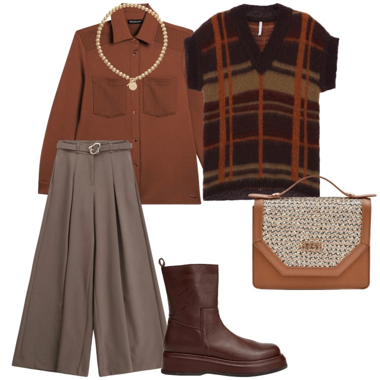 Outfit donna - Si ricomincia. per Ufficio. Abbinamento con stivaletti, pochette, pantaloni, maglieria, collane, camicie.