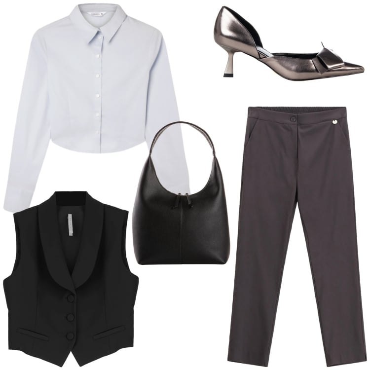 Outfit donna - Workwear. Stile Mannish per Ufficio. Abbinamento con shopping bag, camicie, décolleté, gilet, pantaloni.