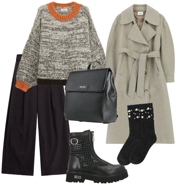 Outfit donna - A lavoro. per Scuola/Università. Abbinamento con stivaletti, zaini, cappotti, maglieria, pantaloni a palazzo, calzini.