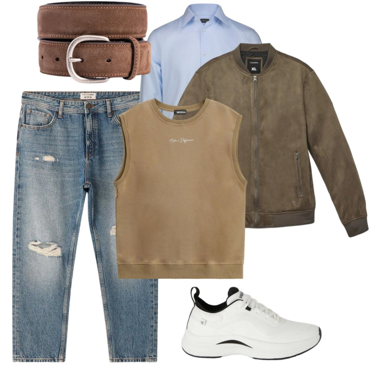 Outfit uomo - Primavera in arrivo. Stile Urban per Tutti i giorni. Abbinamento con canottiere, giacche, jeans strappati, cinture, camicie, sneakers.