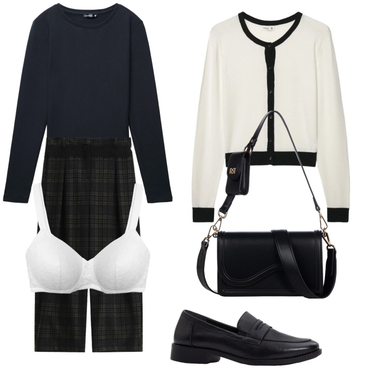 Outfit donna - Total look #2344028. Stile Bon Ton per Ufficio. Abbinamento con mocassini, t-shirt, cardigans, reggiseni, pantaloni a palazzo, pochette.