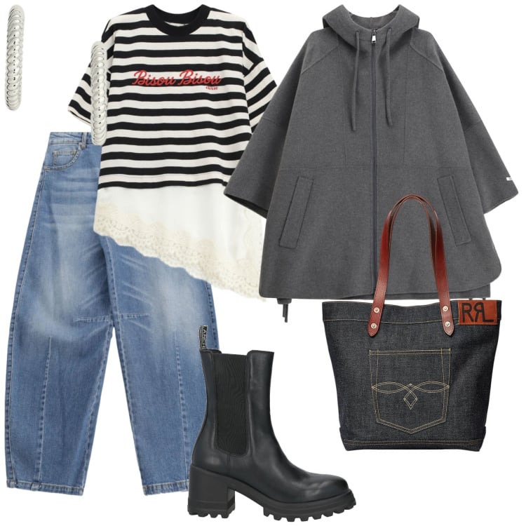 Outfit donna - Comoda di giorno. per Tutti i giorni. Abbinamento con stivaletti, borse tote, orecchini, jeans, t-shirt, cappotti.