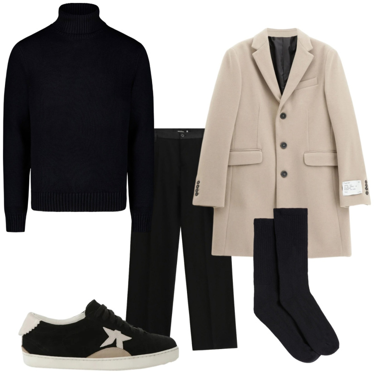 Outfit uomo - Total look #2344030. Stile Business/Elegante per Serata speciale. Abbinamento con sneakers, cappotti, pantaloni, calzini, maglieria.