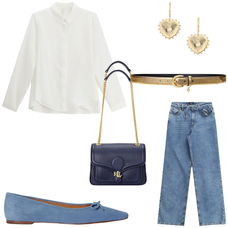 Outfit donna - Accessori luminosi. Stile Minimal per Tutti i giorni. Abbinamento con camicie, jeans, cinture, borse a spalla, ballerine, orecchini.