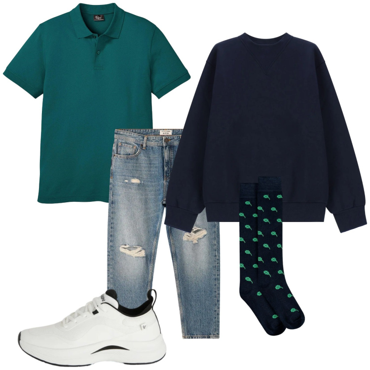 Outfit uomo - Total look #2344033. Stile Urban per Tutti i giorni. Abbinamento con polo, felpe, jeans strappati, sneakers, calzini.