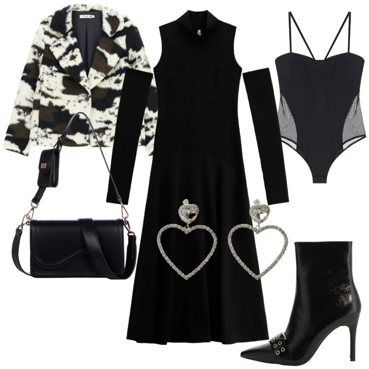 Outfit donna - Serata vedo non vedo..... Stile Glamour per Serata fuori. Abbinamento con stivaletti, body, vestiti lunghi, orecchini, blazer, pochette.