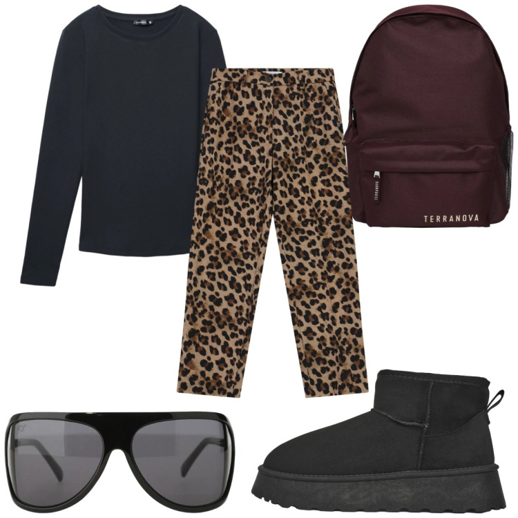 Outfit donna - Total look #2344037. Stile Trendy per Tutti i giorni. Abbinamento con zaini, stivaletti, t-shirt, occhiali da sole, pantaloni.