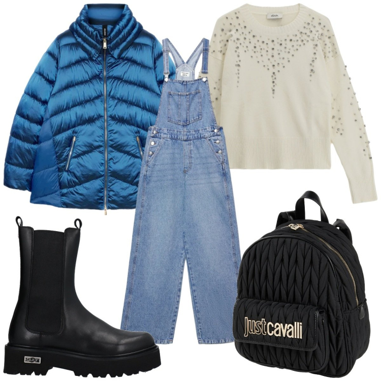 Outfit donna - Total look #2344038. Stile Trendy per Tutti i giorni. Abbinamento con zaini, stivaletti, salopette, piumini, maglieria.