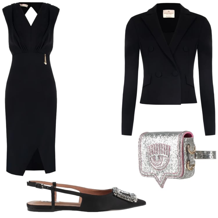 Outfit donna - Serata glamour. Stile Glamour per Serata fuori. Abbinamento con ballerine, marsupi, vestiti asimmetrici, blazer.