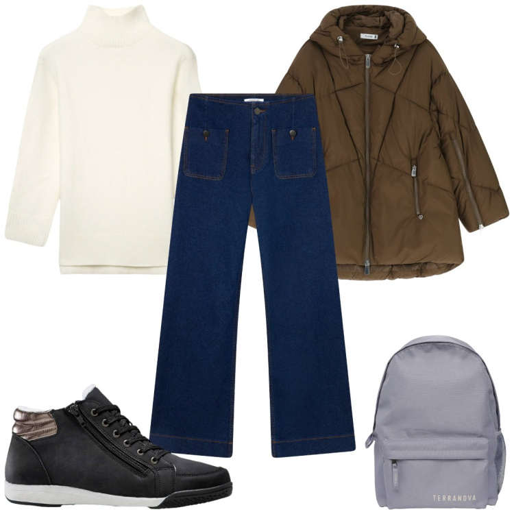 Outfit donna - Total look #2344042. Stile Basic per Scuola/Università. Abbinamento con sneakers alte, zaini, jeans, maglieria, piumini.