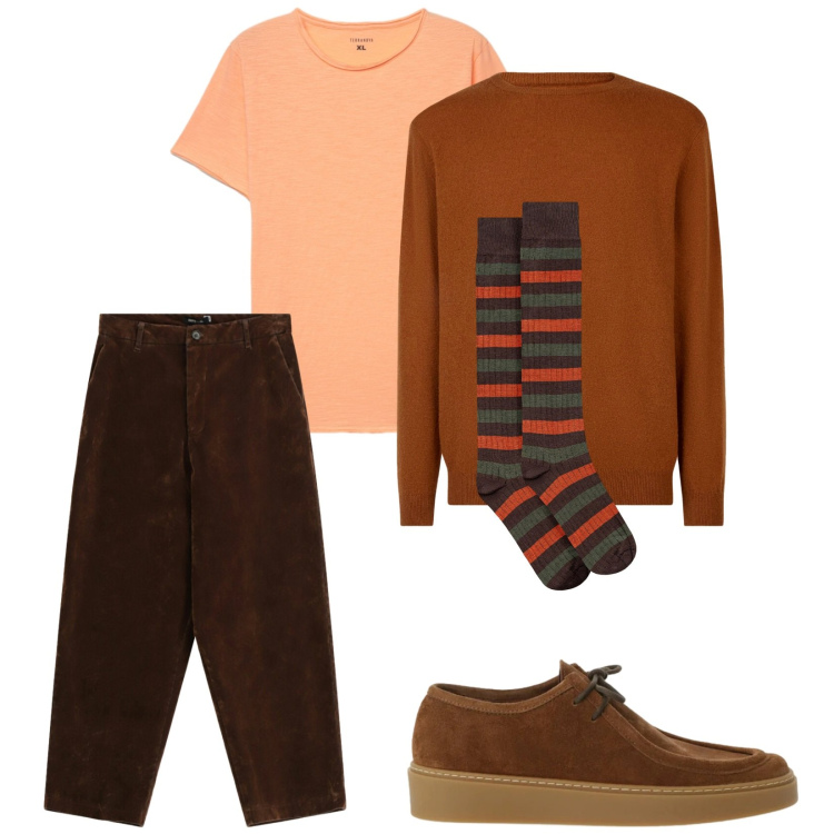 Outfit uomo - Total look #2344043. Stile Casual per Tutti i giorni. Abbinamento con pantaloni, scarpe stringate, t-shirt, maglieria, calzini.