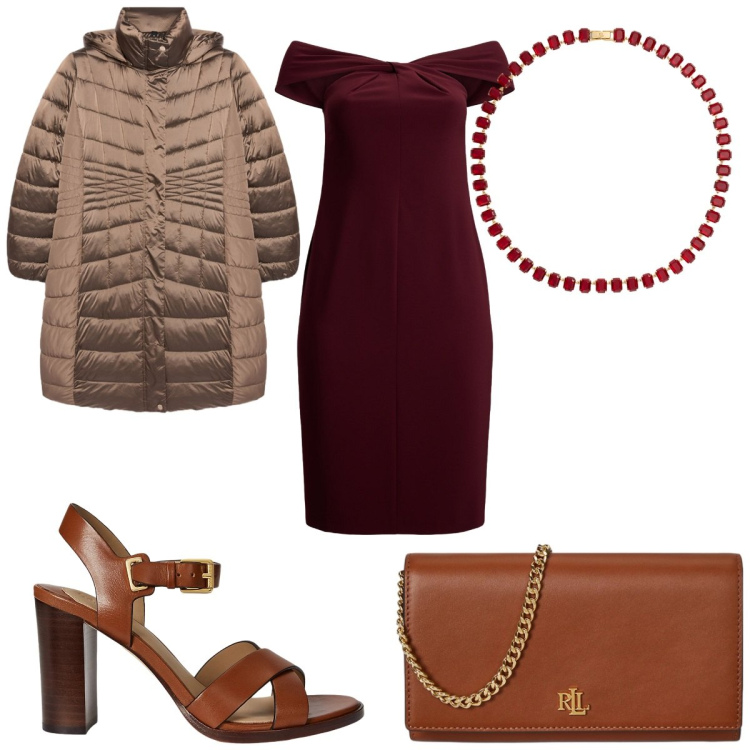 Outfit donna - Total look #2344047. Stile Glamour per Cerimonia. Abbinamento con piumini, vestiti, sandali in pelle, collane, borse a tracolla.