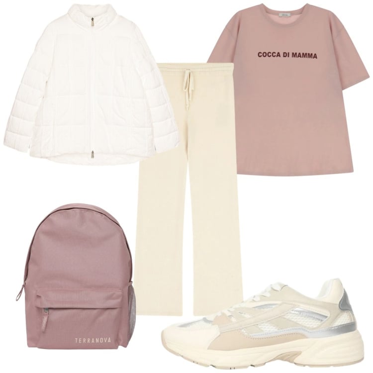 Outfit donna - Total look #2344048. Stile Basic per Tutti i giorni. Abbinamento con piumini, zaini, sneakers, pantaloni a palazzo, t-shirt.