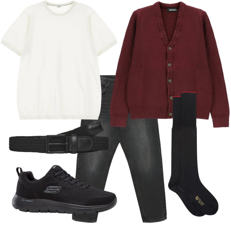 Outfit uomo - Stile pulito. Stile Casual per Tutti i giorni. Abbinamento con sneakers, cardigans, t-shirt, cinture, jeans, calzini.