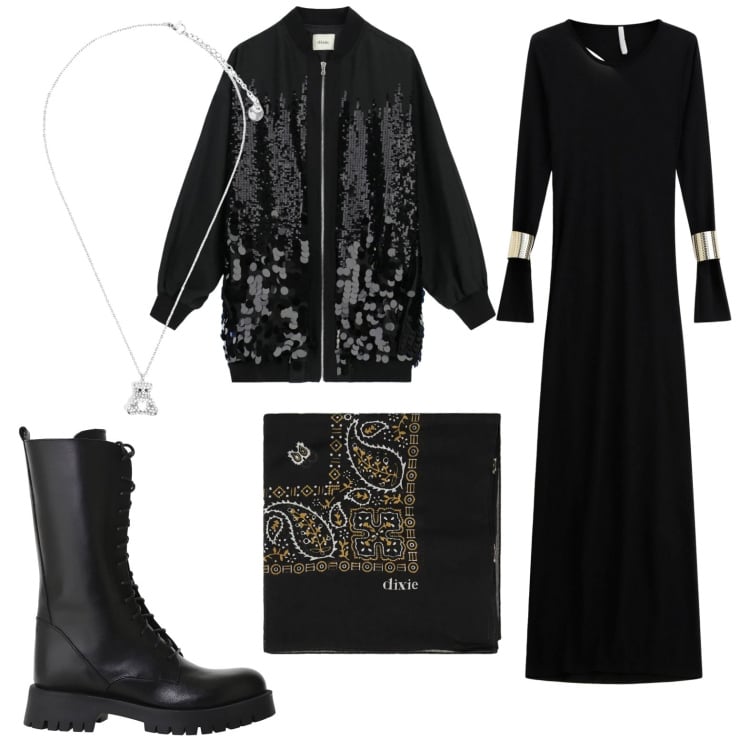 Outfit donna - Anfibi ad un concerto. Stile Rock per Serata fuori. Abbinamento con vestiti lunghi, stivali, foulard, bomber, ciondoli.