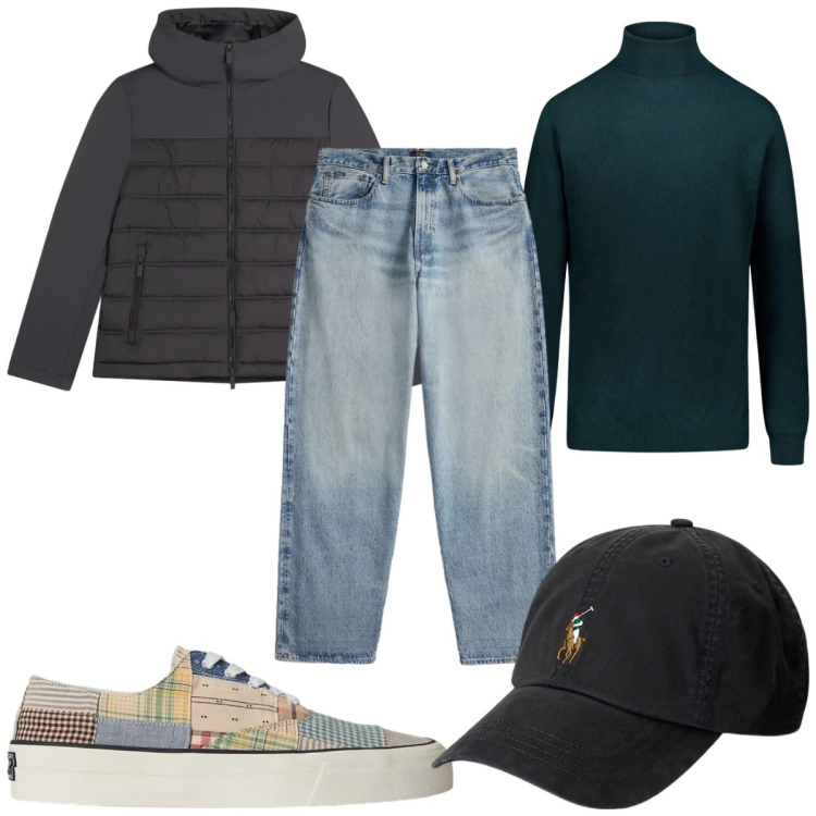 Outfit uomo - Total look #2344055. Stile Trendy per Tutti i giorni. Abbinamento con piumini, cappelli, jeans, sneakers, maglieria.