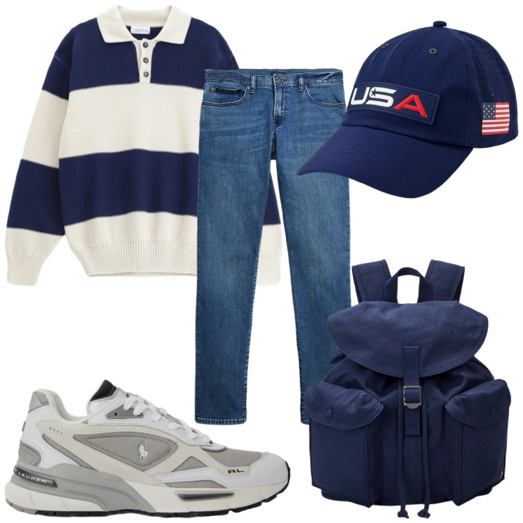 Outfit uomo - Total look #2344059. Stile Trendy per Tutti i giorni. Abbinamento con maglieria, borse sportive, jeans, sneakers, cappelli con visiera.