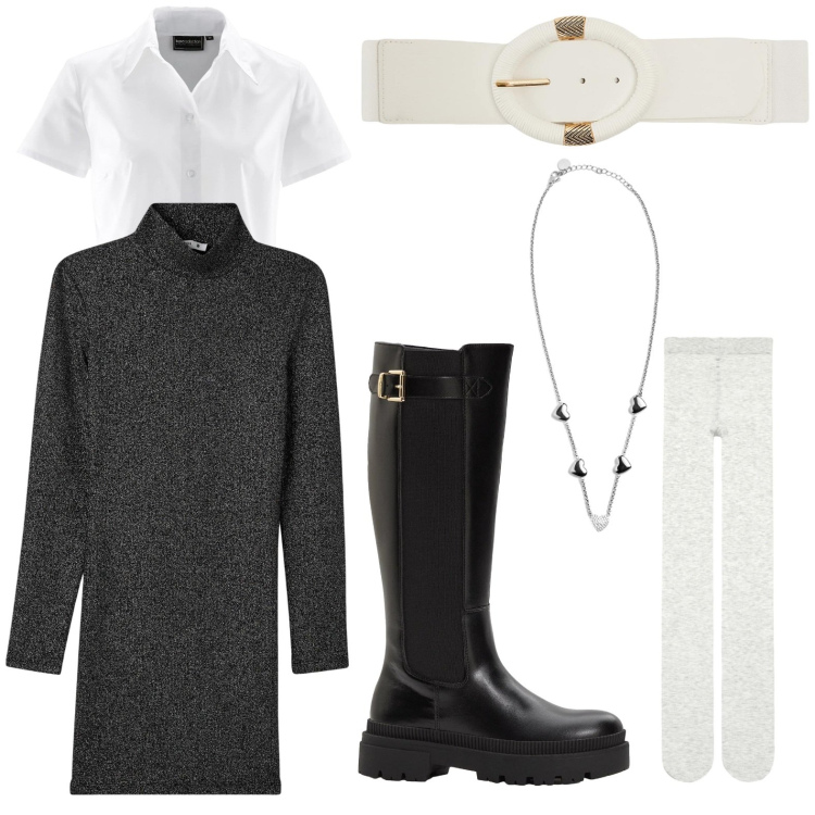 Outfit donna - Casual black&white. Stile Casual per Tutti i giorni. Abbinamento con camicie a manica corta, stivali, vestiti corti, collant, cinture, collane.