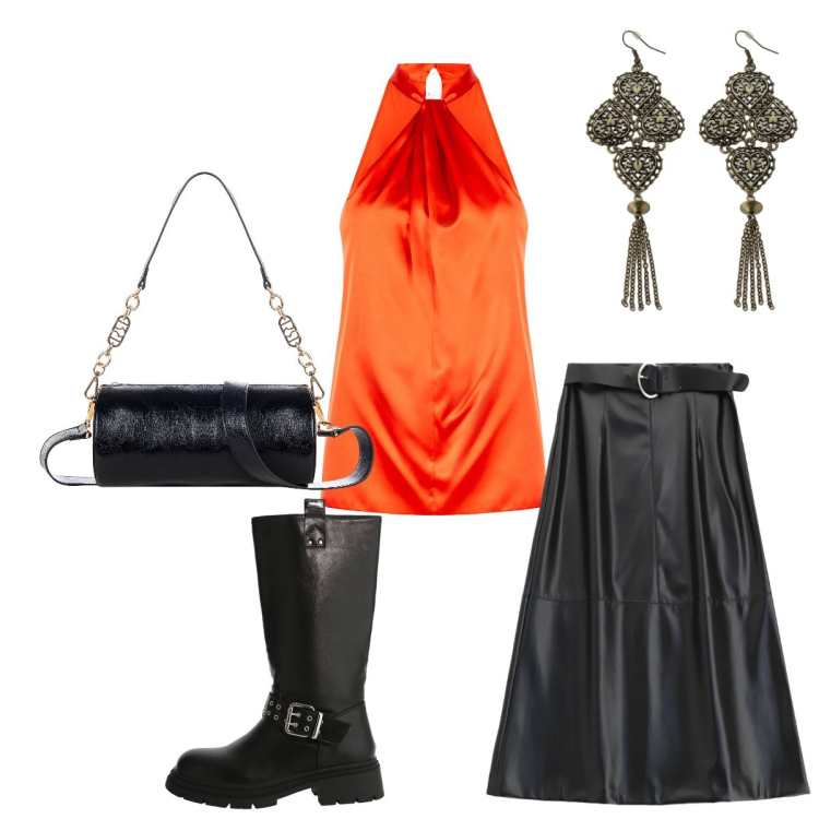 Outfit donna - Grintosa con il top CUT-out. Stile Glamour per Serata fuori. Abbinamento con top, borse a mano, gonne lunghe, stivali, orecchini.