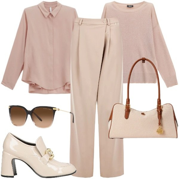 Outfit donna - Tonalità cipria e polverose. Stile Casual chic per Ufficio. Abbinamento con mocassini, camicie, maglieria, pantaloni a palazzo, occhiali da sole, borse a mano.