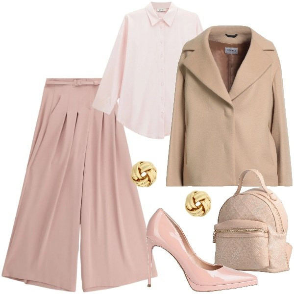 Outfit donna - Tonalità cipria e polverose. Stile Trendy per Ufficio. Abbinamento con décolleté, zaini, cappotti, pantaloni a palazzo, camicie, orecchini.