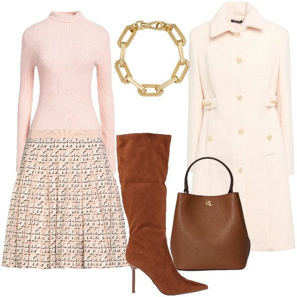 Outfit donna - Eleganza quotidiana. Stile Chic per Ufficio. Abbinamento con minigonne, maglieria, cappotti, stivali, borse a secchiello, braccialetti.