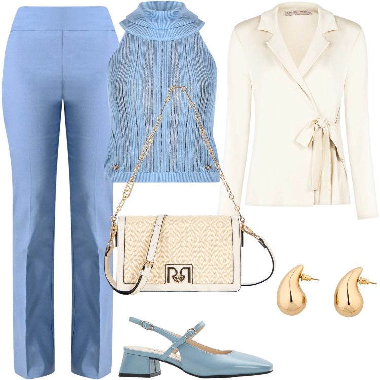 Outfit donna - Total look #2344068. Stile Chic per Tutti i giorni. Abbinamento con orecchini, décolleté, blazer, top, pantaloni, borse a tracolla.