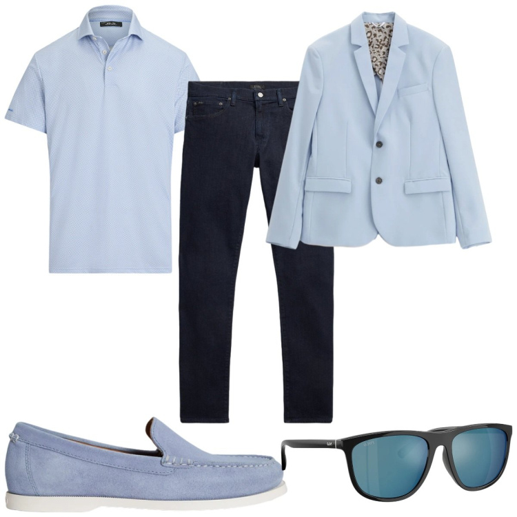 Outfit uomo - Total look #2344069. Stile Trendy per Tutti i giorni. Abbinamento con giacche, jeans, occhiali da sole, scarpe stringate, polo.