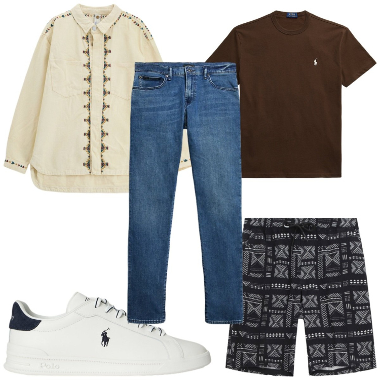 Outfit uomo - Total look #2344075. Stile Trendy per Mare. Abbinamento con bermuda, camicie, jeans, t-shirt, sneakers.