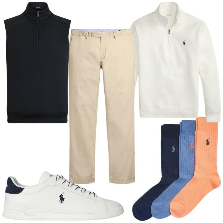 Outfit uomo - Total look #2344077. Stile Trendy per Tutti i giorni. Abbinamento con pantaloni chino, sneakers, pullovers, calzini, gilet.