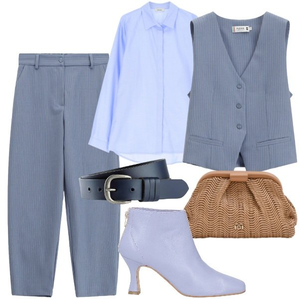 Outfit donna - mannish con tronchetto. Stile Mannish per Ufficio. Abbinamento con stivaletti, cinture, camicie, pantaloni, gilet, pochette.