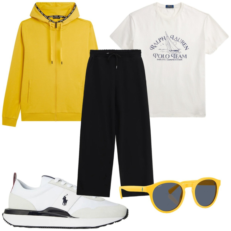 Outfit uomo - Total look #2344082. Stile Trendy per Sport. Abbinamento con pantaloni sportivi, felpe con cappuccio, occhiali da sole, sneakers, t-shirt.